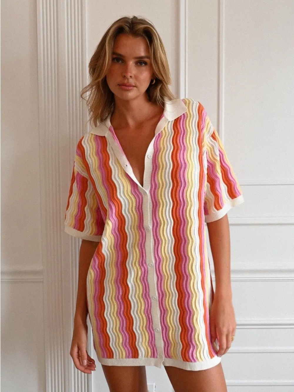 YLLW The Label Felix Knit Wavy Dress in Sorbet: Stripe Button Coverup sunset